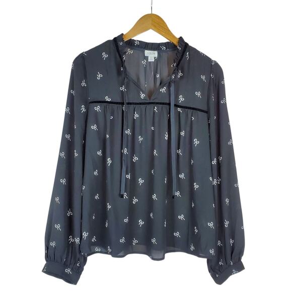 J Crew Velvet Tie Neck Top Bow Print Womens XL Black Ivory Blouse Long Sleeve - Picture 1 of 14